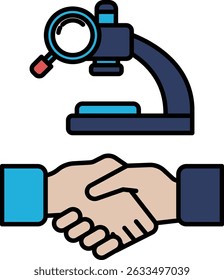 A hand shaking another hand with a microscope in the background. Concept of collaboration and partnership