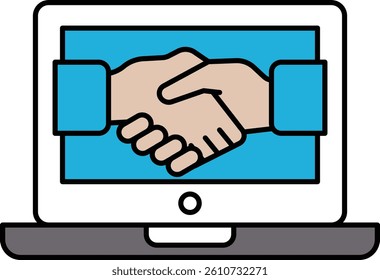 A hand shaking another hand on a laptop screen. Concept of a business deal or partnership being formed