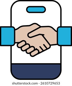 A hand shaking another hand on a phone. Concept of a handshake, which is a symbol of agreement or partnership. Scene is positive and friendly