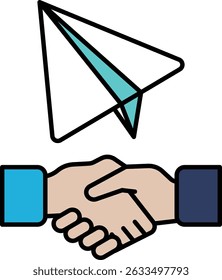 Eine Hand, die eine andere Hand schüttelt, mit einem Papierflugzeug im Hintergrund. Konzept eines Geschäftsabschlusses oder einer Partnerschaft