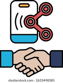 A hand shaking another hand with a phone in the background. The phone is a smart phone with a red and blue design. Concept of a business deal or partnership being made between two people