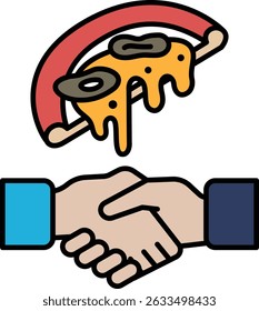 Una mano estrechando otra mano con una pizza encima de ella. La pizza está cubierta de queso y aderezos