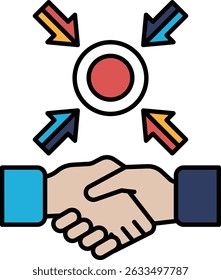 A hand shaking another hand with a red circle in the middle. The circle is surrounded by arrows pointing in different directions. Concept of collaboration and teamwork