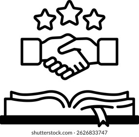 A hand shaking another hand with three stars in the background
