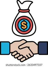 A hand shaking a bag of money. The bag of money is worth $100. Concept of a successful business deal or partnership