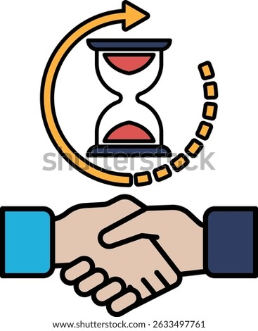 A hand shaking a hand with a clock in the background. The clock is red and white. Concept of time and the importance of making a good first impression