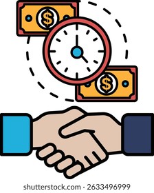 Uma mão apertando a mão com um relógio ao fundo. O relógio está mostrando o horário como 3:00