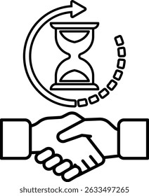 Uma mão apertando a mão com um relógio ao fundo. O relógio está mostrando o horário como 10:00