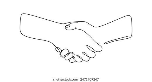 Hand shaking continuous line drawing. Business and relationship concept. Vector illustration minimalist design hand drawn.