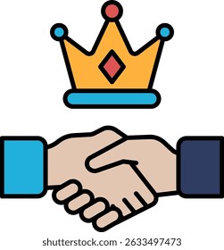 A hand shaking a crown. Concept of a handshake between two people, symbolizing a bond or agreement. The crown represents a sense of authority or power
