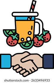 A hand shaking a cup of juice with a straw in it. The juice is orange and has strawberries in it