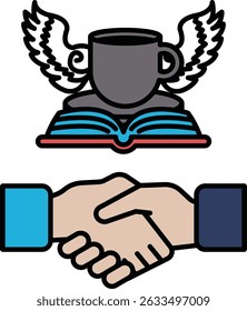 A hand shaking a cup with wings on it. The cup is on top of a book. Concept of a handshake between two people, possibly in a business setting