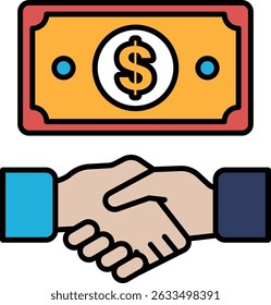 A hand shaking a dollar bill. The dollar bill is yellow and red. Concept of a business transaction or agreement