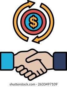 A hand shaking a dollar sign. The dollar sign is surrounded by arrows. Concept of a business deal or a financial transaction