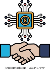 A hand shaking a dollar sign. The dollar sign is surrounded by a circuit board. Concept of a business transaction or agreement