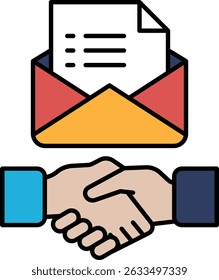 Una mano sacudiendo un sobre con un pedazo de papel dentro. El sobre es rojo y amarillo. Concepto de un acuerdo de negocios o Acuerdo que se comete