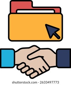 A hand shaking a file folder with a mouse cursor on it. Concept of collaboration and agreement