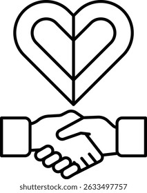 A hand shaking a heart symbolizes a bond of trust and friendship. Concept of warmth and connection between two people