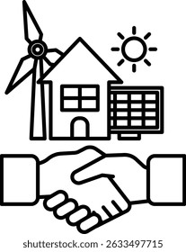 A hand shaking a house and a windmill. The idea is that the house and the windmill are being built together, and the handshake symbolizes the agreement between the two