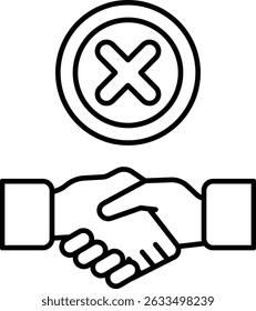 A hand shaking a hand with a large X in the middle. The X is a symbol of rejection or disapproval