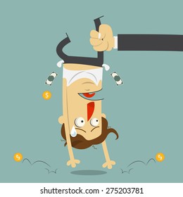 Hand shaking money from broke man crying. Cartoon character. Vector Illustration.