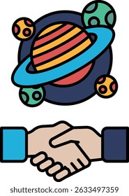 Uma mão apertando uma mão ao lado de um planeta colorido. O planeta está rodeado por outros planetas e estrelas. Conceito de unidade e de cooperação entre os dois indivíduos