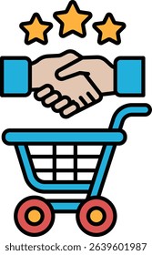 A hand shaking a hand next to a shopping cart. Concept of a business transaction or a partnership