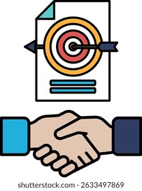 A hand shaking a paper with a target on it. The target is a bullseye with arrows pointing to it