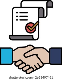 A hand shaking a piece of paper with a check mark on it. The paper is a contract