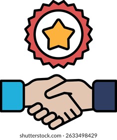 Una mano estrechando una mano con una estrella en ella. La estrella es roja y amarilla. Concepto de una sociedad o Acuerdo exitoso
