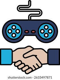 A hand shaking a video game controller. The controller is blue and has a red button. Concept of collaboration and teamwork, as the two hands are shaking in agreement. Scene is positive and friendly