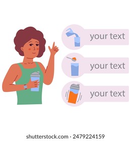 A hand shaking.Sport shaker. How to make protein. Active fit young woman.African American girl an athlete.Sports nutrition.Bodybuilding sports nutrition. Energy drinks.Instruction for making protein.