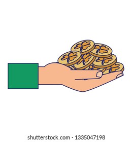 hand with shamrock coins blue lines