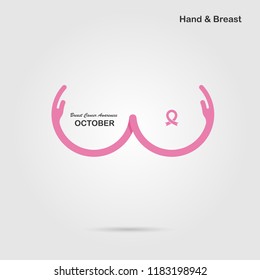 Hand shape & Breast icon.Breast Cancer October Awareness Month Campaign banner.Women health concept.Breast cancer awareness month logo design.Realistic pink ribbon.Pink care logo.Vector illustration