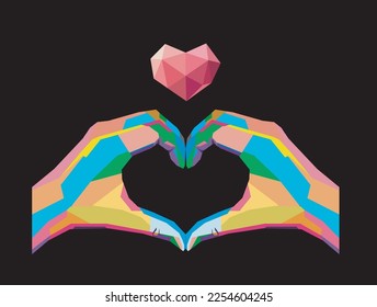 Hand shape of heart love, in pop art style isolated on black background, vector illustration