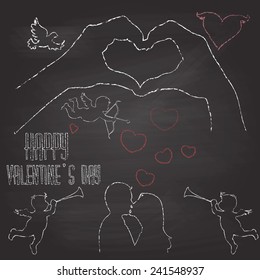 Hand shape of heart with romantic valentine's day on chalkboard background vector design