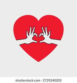 Handform in einem Herz-Logo. Paar, das sich gegenseitig die Hand in der Mitte des roten Herzform-Logos hält.  Vektorgrafik EPS 10.