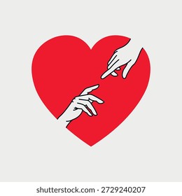 Handform in einem Herz-Logo. Paar, das sich gegenseitig die Hand in der Mitte des roten Herzform-Logos hält.  Vektorgrafik EPS 10.