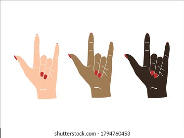 hand shape set rock girl  peace  romance  design vector drawn positive woman power girl pwr red heart black leaves matter