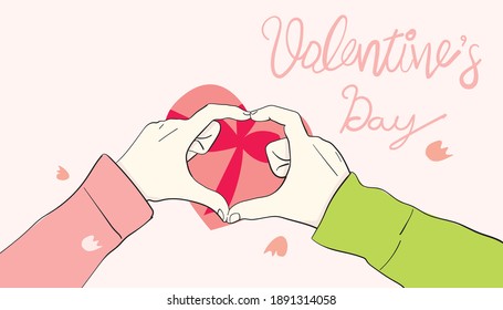 Hand shape sweet heart concept Valentines day. Draw vector illustrator cartoon style. 