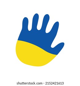 Hand shape with Ukrainian flag colors. Support Ukraine, help refugees. Vector flat illustration isolated on white background.