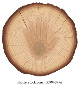 Hand Shaped Annual Rings On A Wood, As A Symbol For Nature Conservation, Environment Protection, To Stop Forest Dieback, Or A Sign For Aging Process. Isolated Vector Illustration,  White Background.