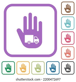 Hand shaped transport sanction sign solid simple icons in color rounded square frames on white background