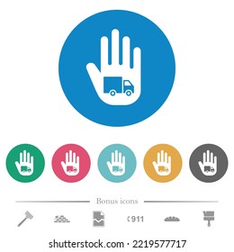 Hand shaped transport sanction sign solid flat white icons on round color backgrounds. 6 bonus icons included.
