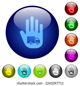 Hand shaped transport sanction sign solid icons on round glass buttons in multiple colors. Arranged layer structure