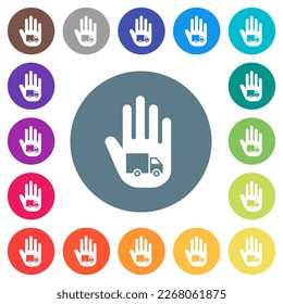 Hand shaped transport sanction sign solid flat white icons on round color backgrounds. 17 background color variations are included.