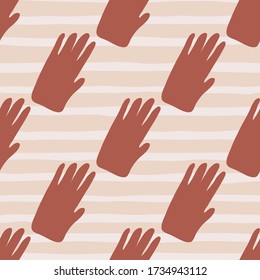 Hand shapes seamless pattern in doodle style on stripes background. Silhouette of a human hand endless wallpaper. Design for fabric, textile print, wrapping paper, cover. Vector illustration