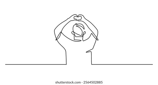 Hand shaping a heart with fingers in continuous line drawing. A metaphor for love, affection, and the creation of emotional bonds. Vector illustration one line art minimalist.