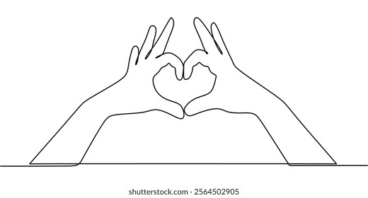 Hand shaping a heart with fingers in continuous line drawing. A symbol of love, care, and creating meaningful connections. Vector illustration one line art minimalist.