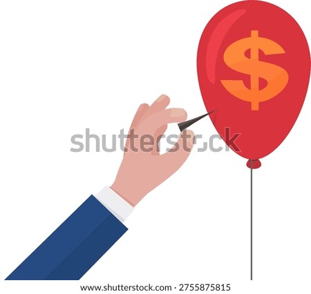 Hand with a sharp needle popping a red dollar balloon, symbolizing financial crisis, market speculation, currency inflation and economic instability. (cut out)